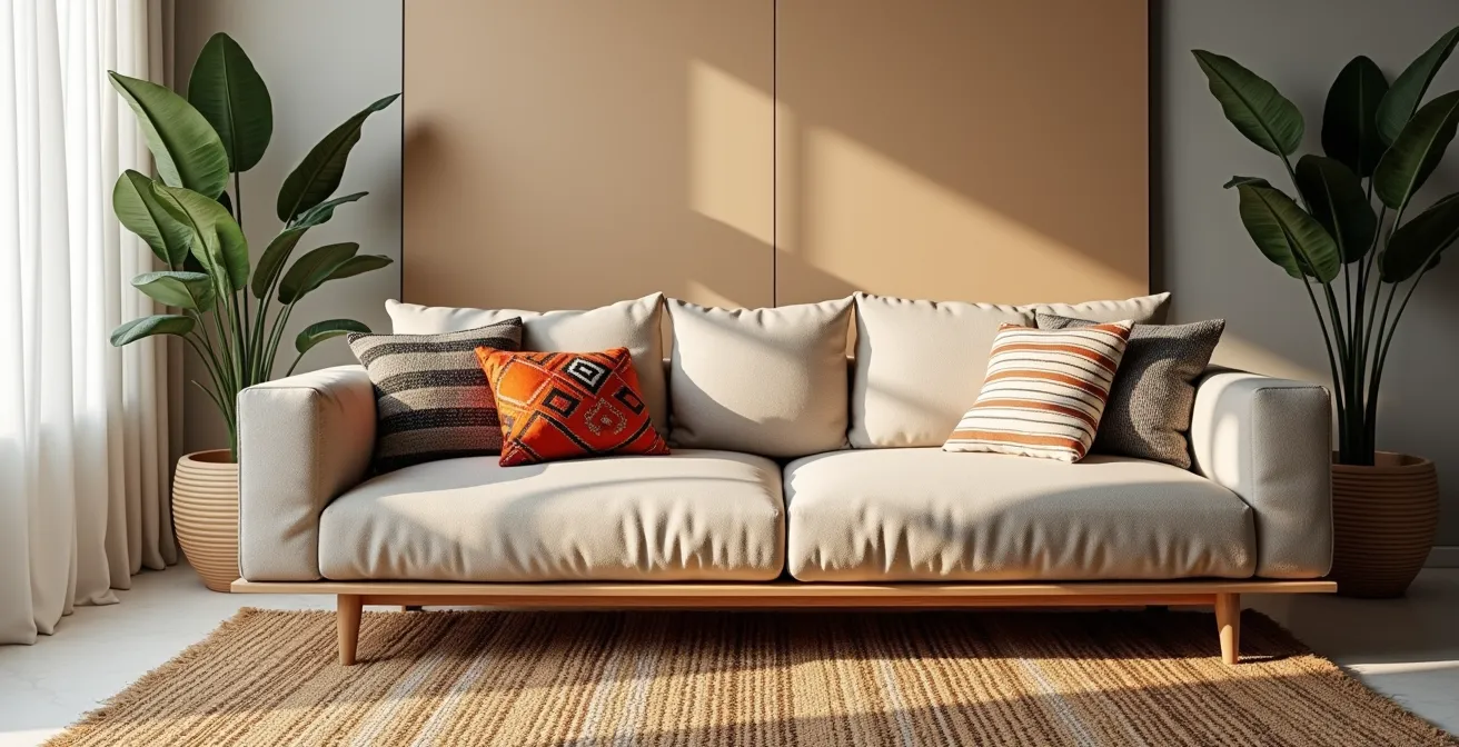 Living room showing visual breakdown of 60-30-10 rule with pattern density layers