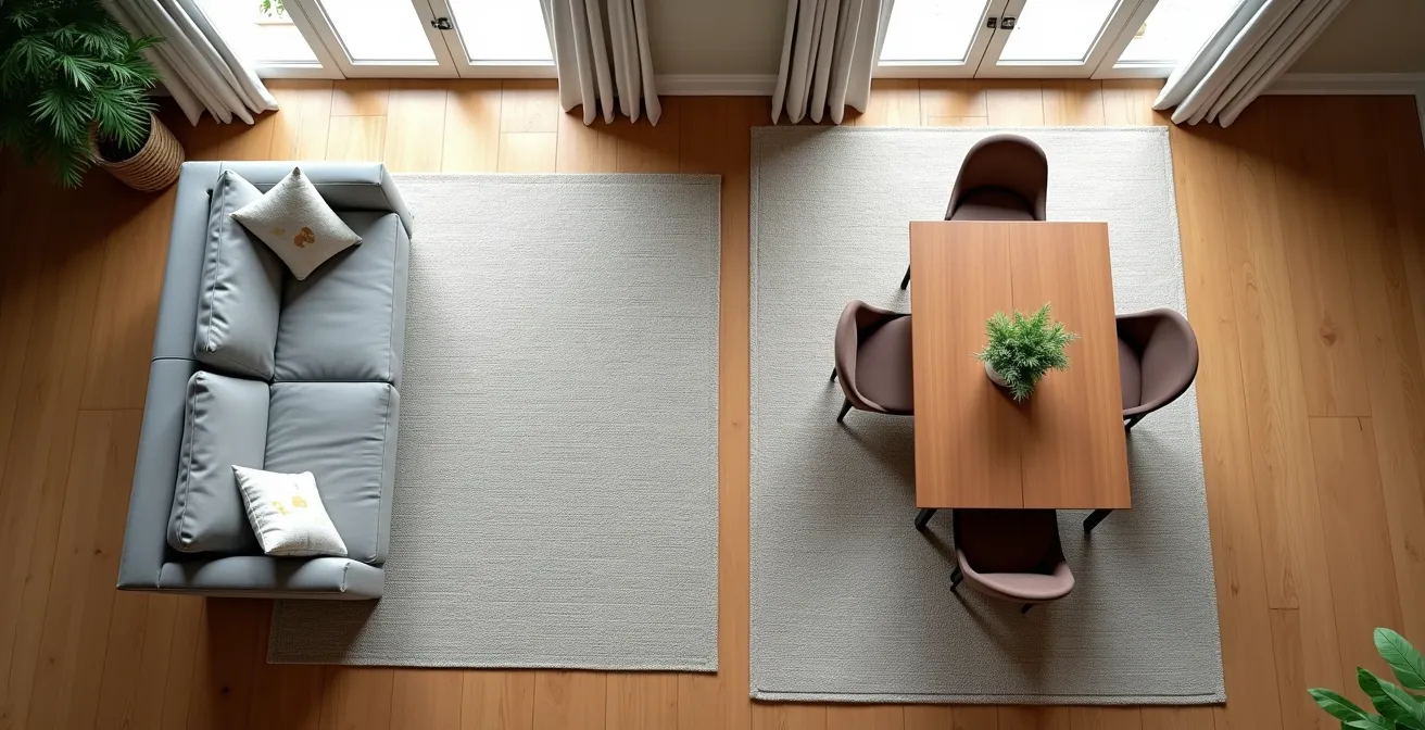 Overhead view of open plan space with rugs creating distinct living and dining zones