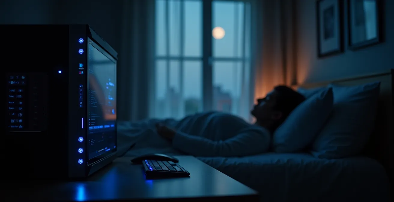Computer desk at night with subtle maintenance indicators