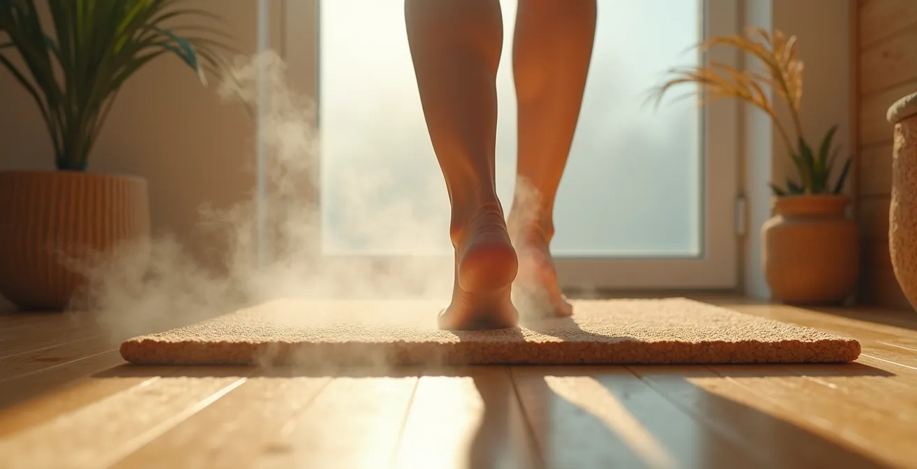 Bathroom interior featuring cork flooring and hinoki wood mat demonstrating consistent wet and dry textures