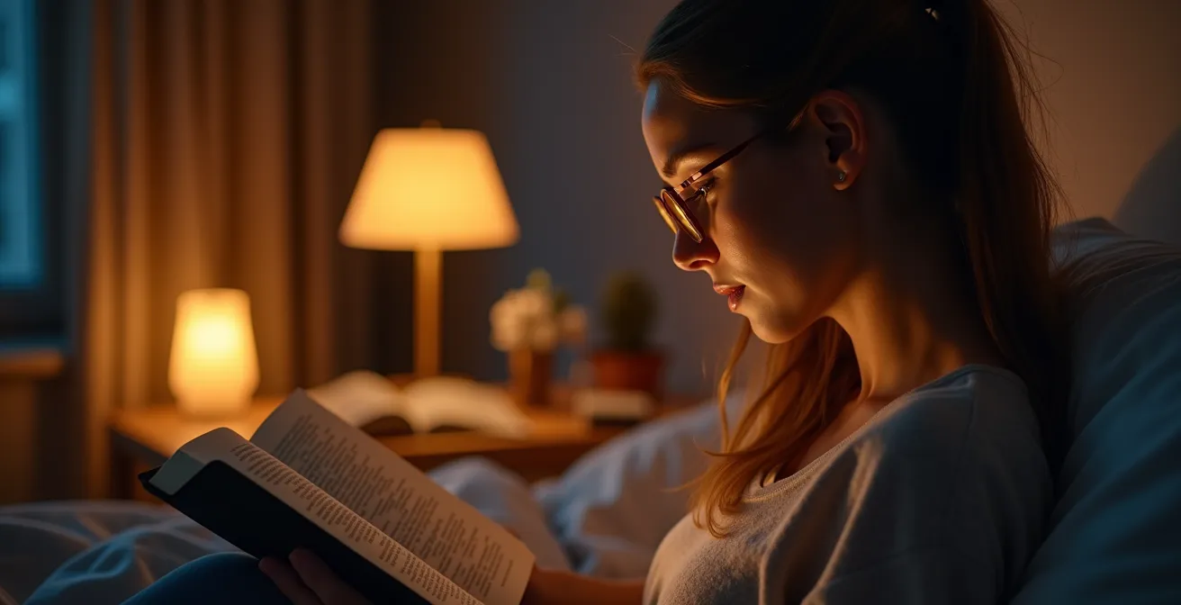 Person wearing amber glasses reading in a warm lamplight environment