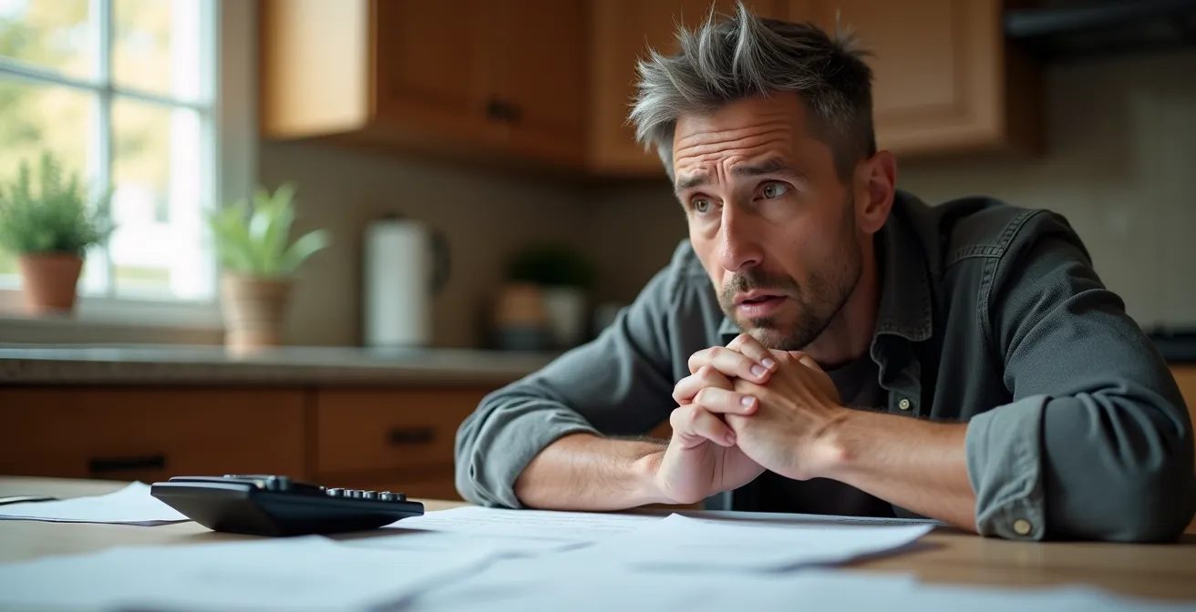 A concerned homeowner sits at a kitchen table, thoughtfully contemplating repair estimates and a calculator, deciding whether to file an insurance claim.