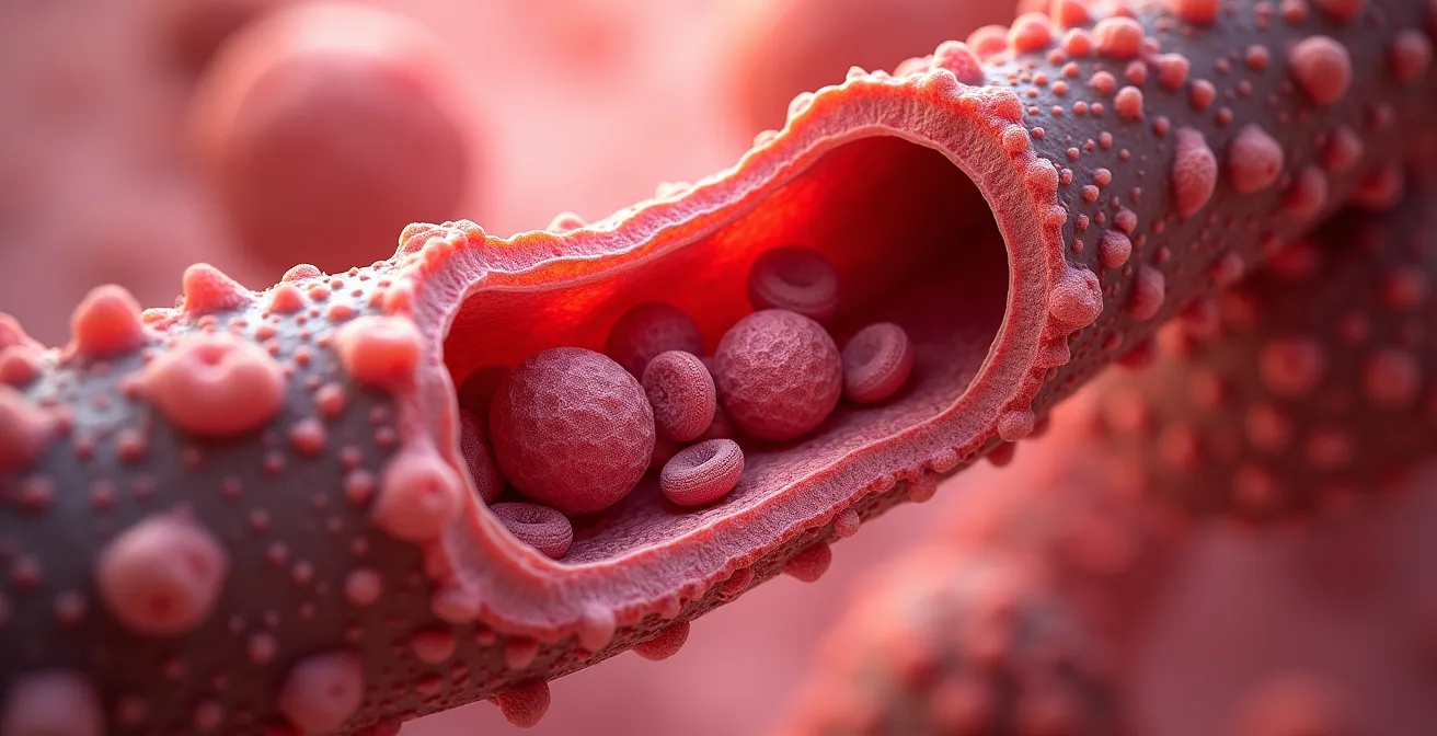 Macro view of an arterial cross-section showing the flow of different cholesterol particles