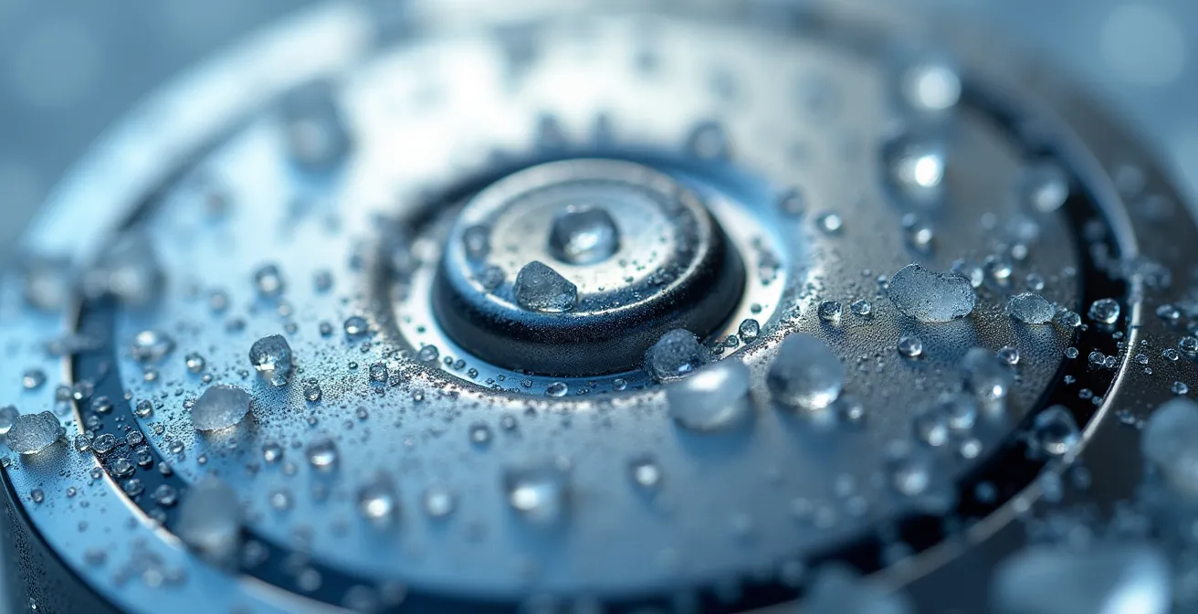 Extreme close-up of frosted battery cells with ice crystals forming patterns