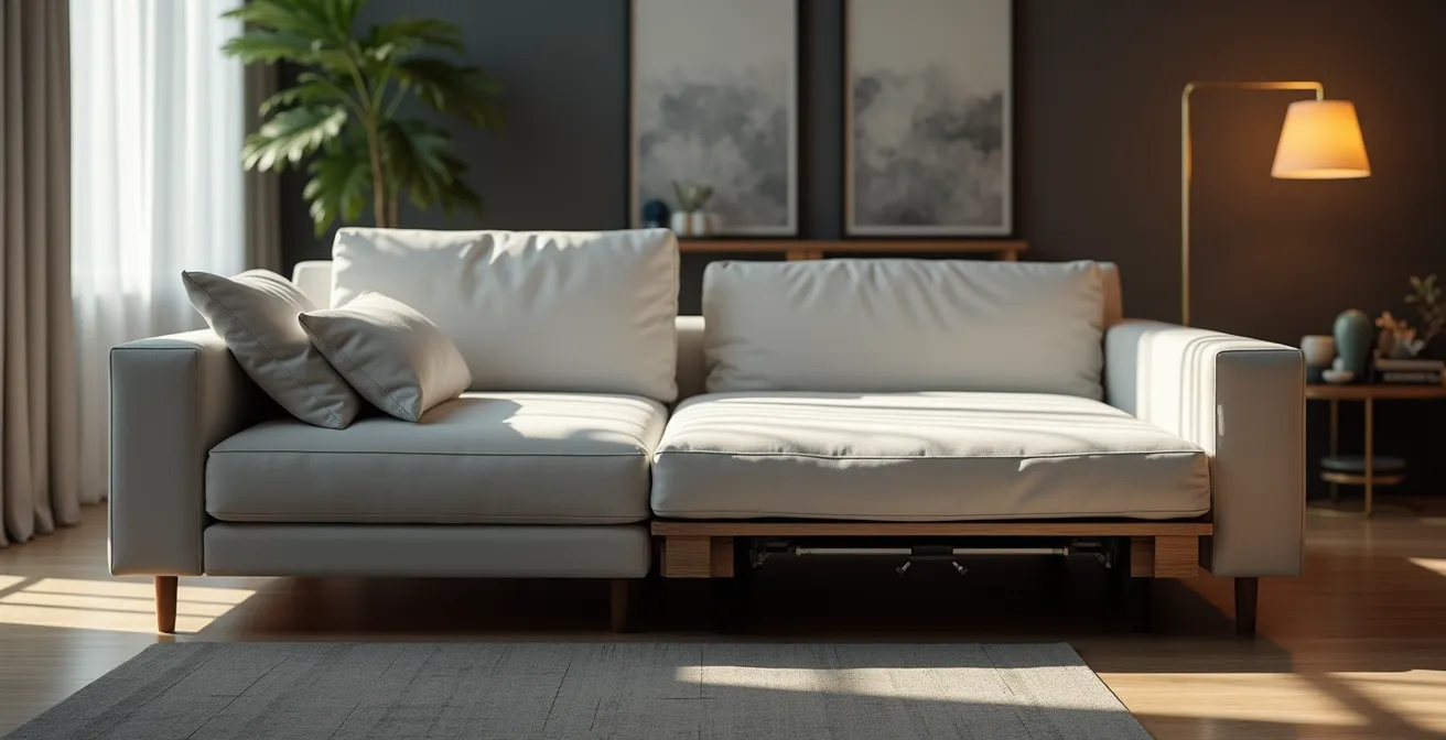 Modern convertible sofa transforming into bed in compact apartment space