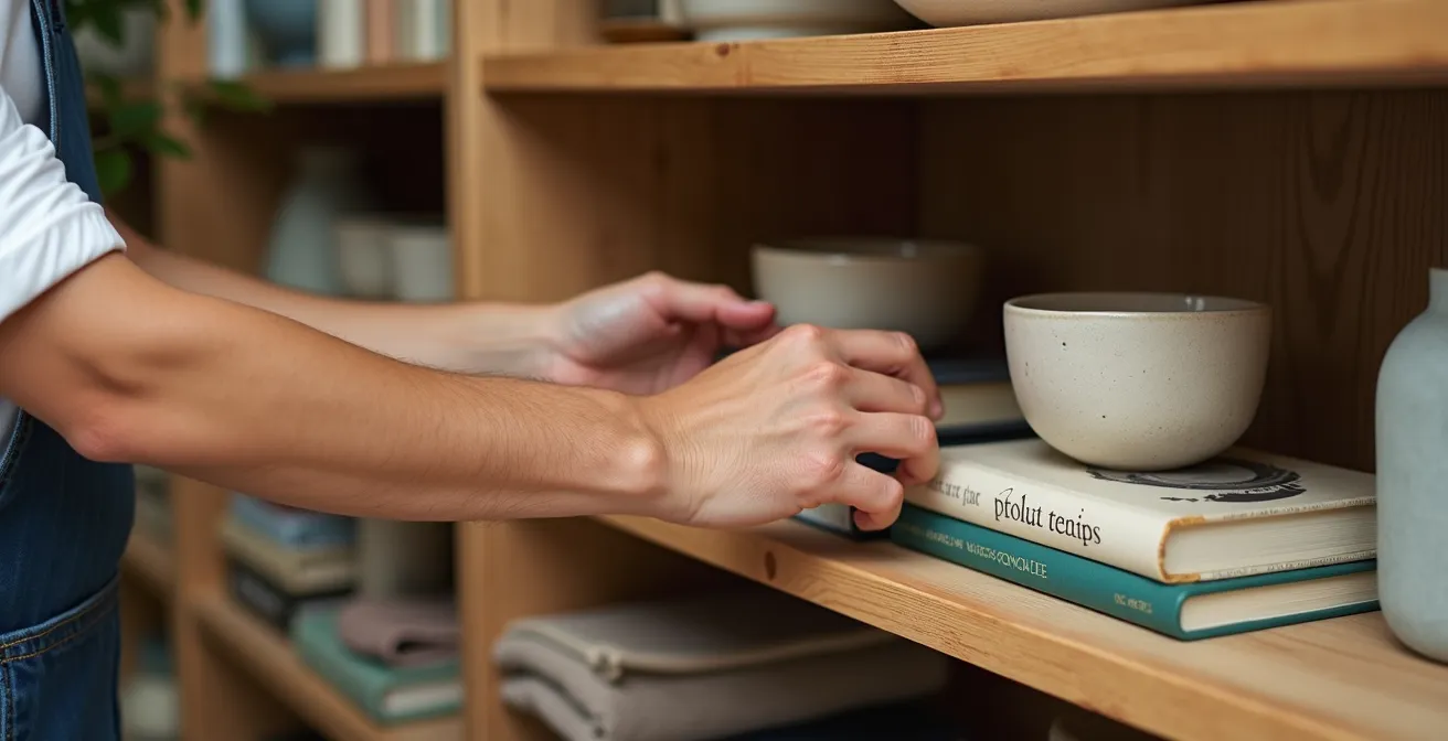 Thoughtfully arranged bookshelf with varied object heights creating visual pathways and negative space