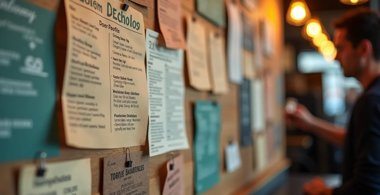 Extreme close-up of multiple coffee shop menu options creating visual overwhelm