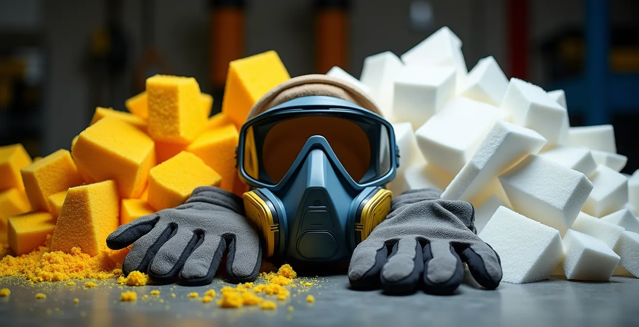 Safety equipment and degraded yellow foam pieces on work surface