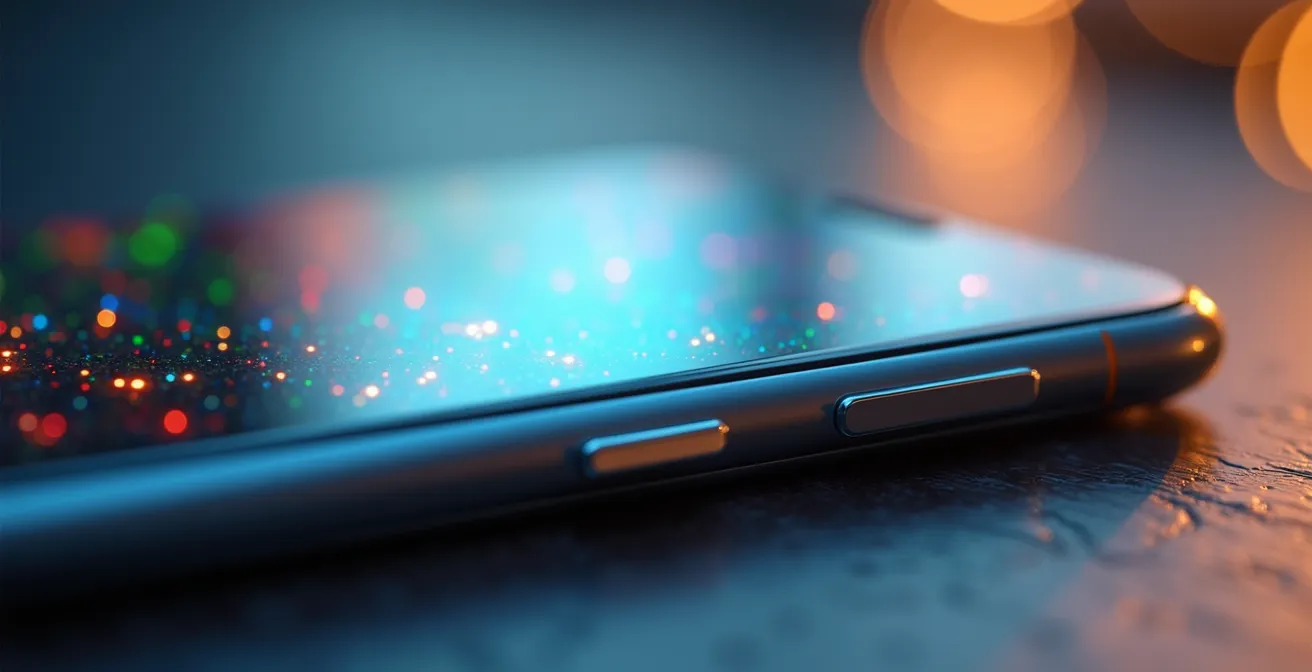 Macro shot of smartphone surface with abstract light patterns suggesting connectivity