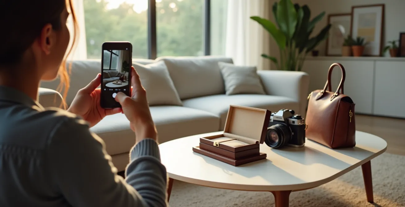 A person using a smartphone to create a video inventory of valuable items, including a jewelry box and vintage camera, neatly arranged on a coffee table for insurance purposes.