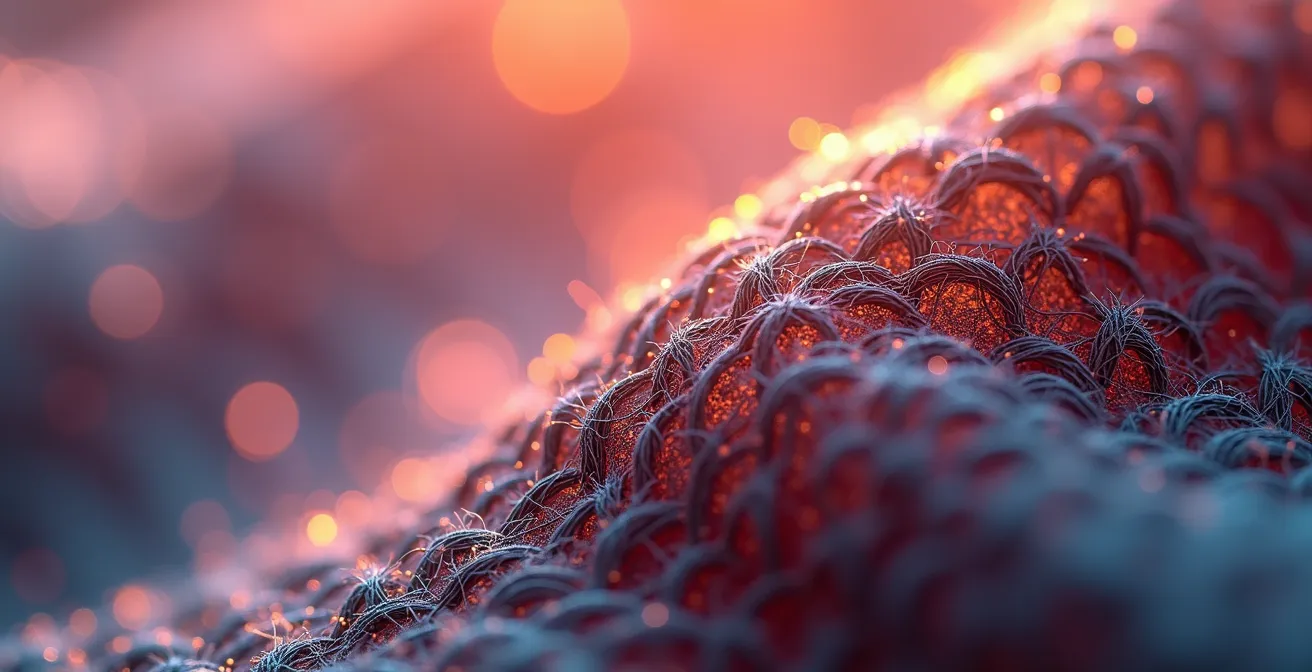 Extreme macro shot of stretched fabric showing elastane fiber structure