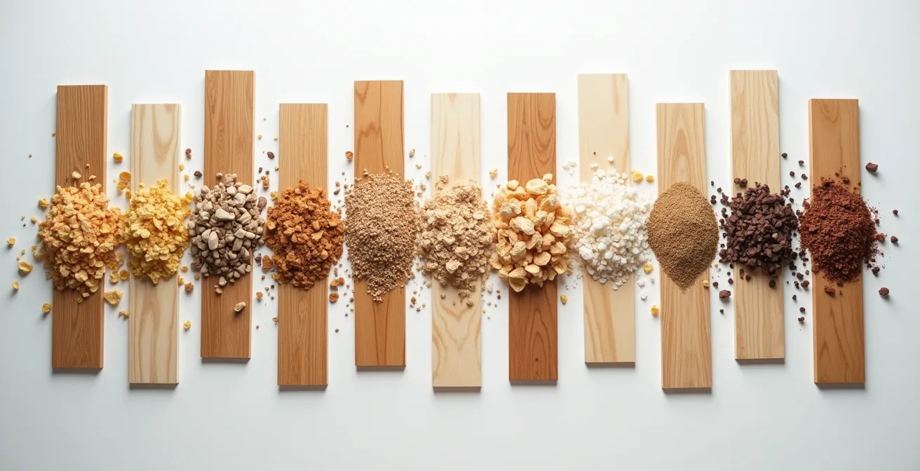 Cross-sectional view of engineered flooring showing multiple bonded layers
