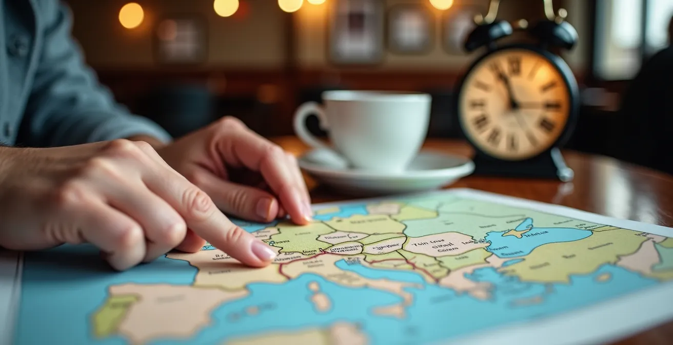 Traveler's hands tracing a route on a physical map of Europe, with tickets and a coffee cup on a café table.