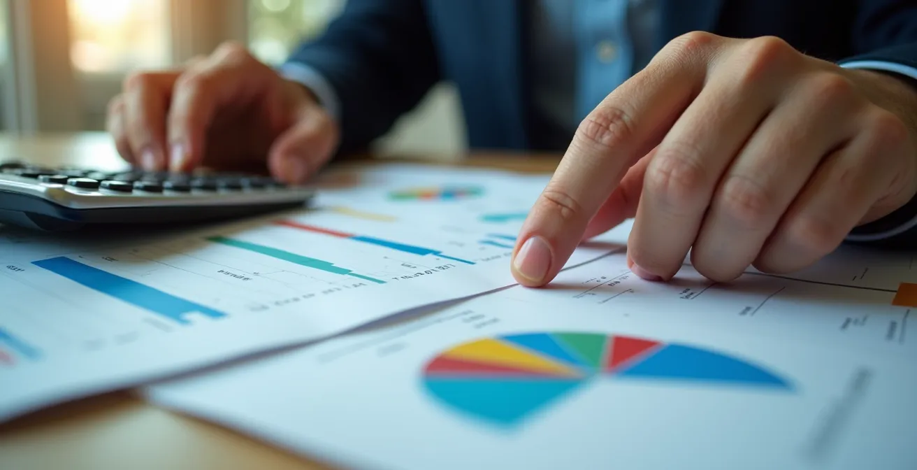 Couple reviewing budget documents with calculator in minimalist home setting