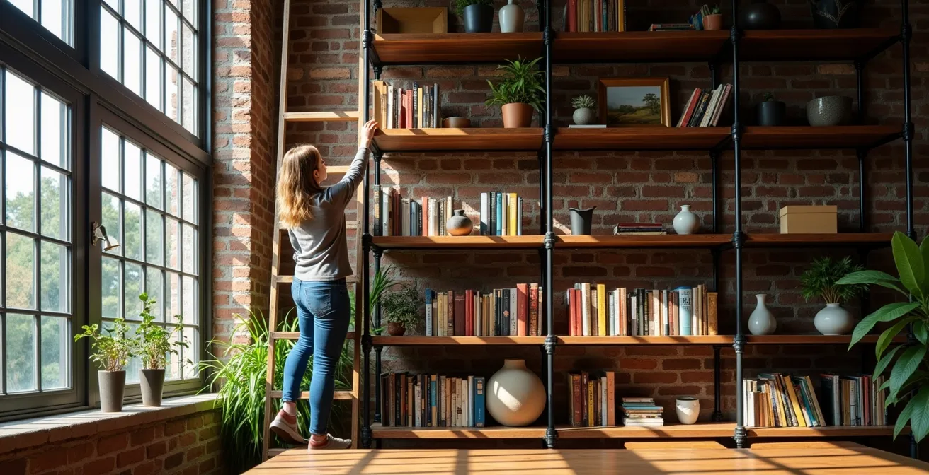 Industrial-style floor-to-ceiling bookshelf with rolling library ladder against exposed brick wall