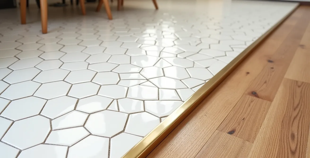 Wide angle view of flooring transition between hexagonal tiles and hardwood in studio apartment