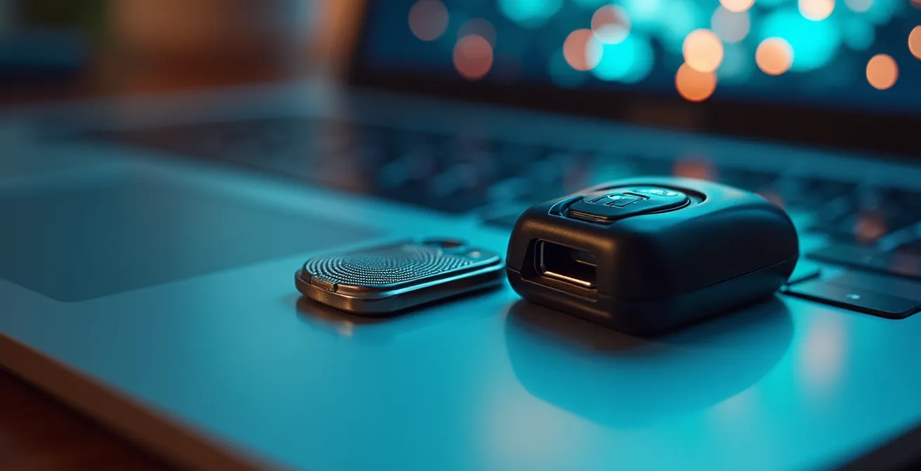 Close-up macro shot of secure digital workspace with encryption symbols