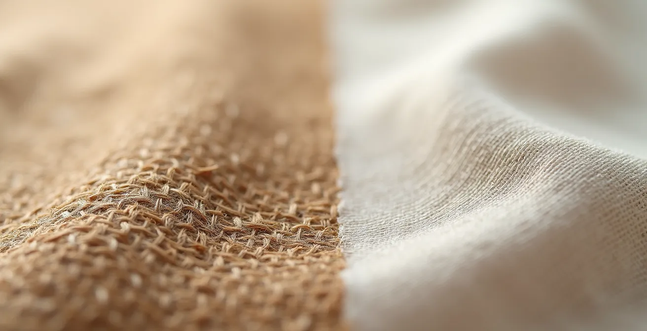 Extreme close-up comparison of hemp and linen fiber textures showing natural slubs and weave patterns