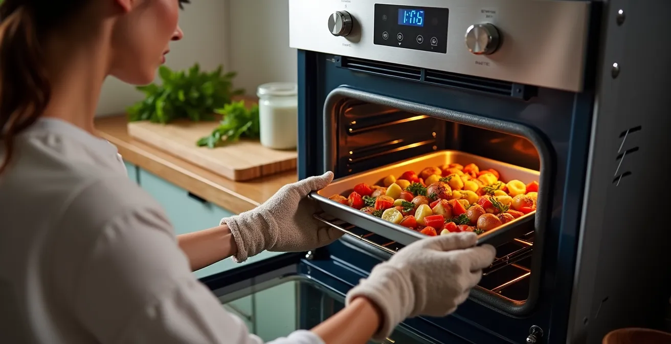 Person checking smart oven during meal prep session with multiple dishes cooking