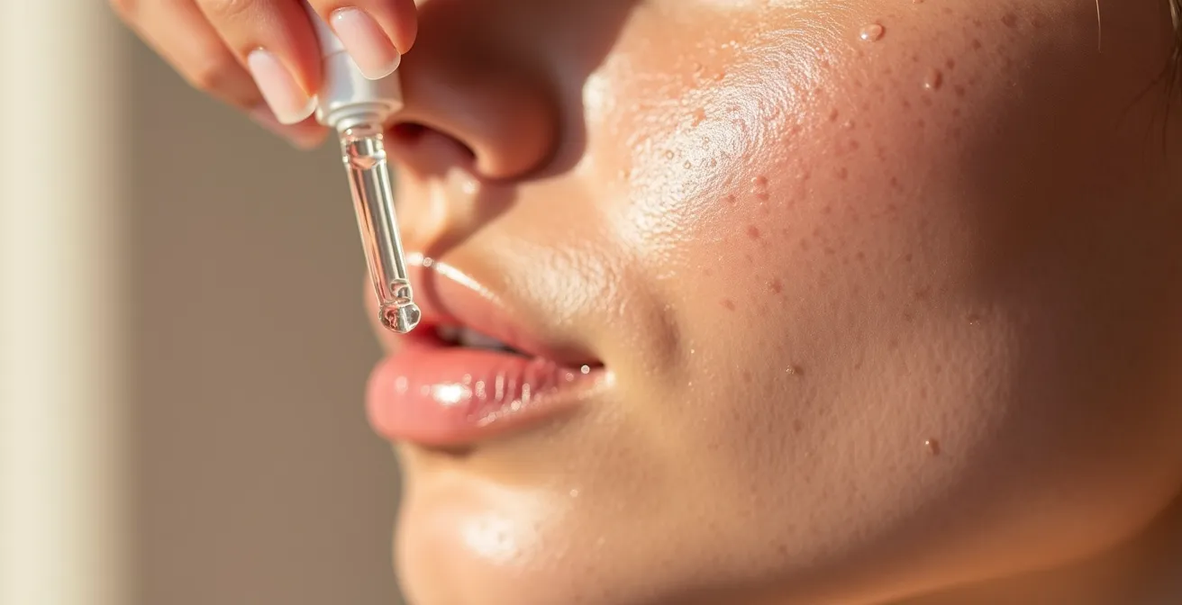 Close-up of hands applying serum to damp facial skin