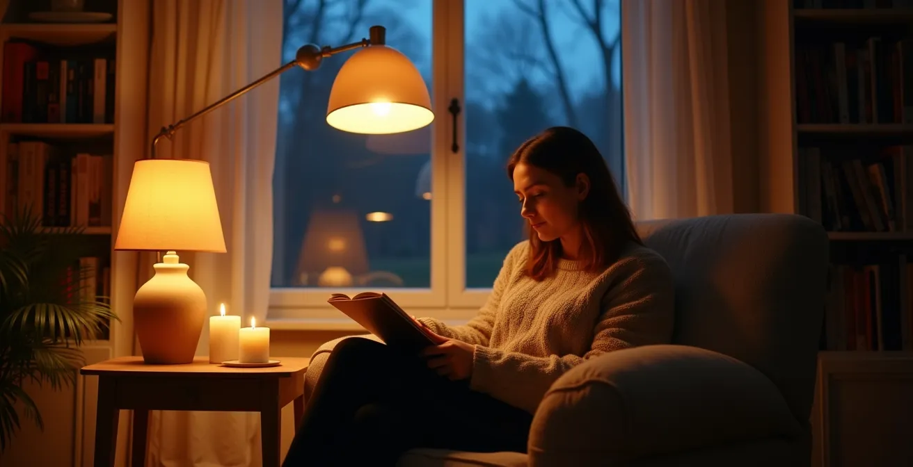 Warm evening ambiance with multiple light sources creating intimate pools of golden light