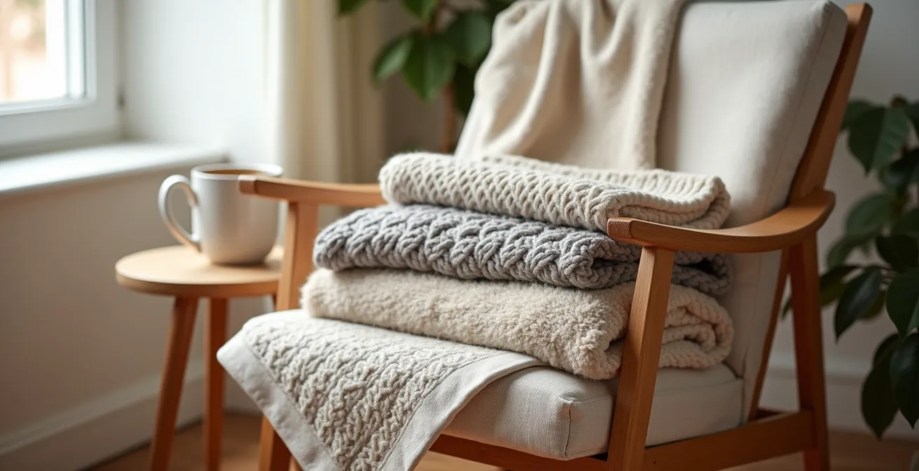 Cozy reading corner with multiple textured blankets layered on a chair
