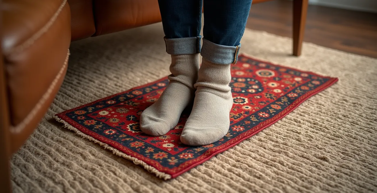 Overhead view of layered area rugs creating zones in a rental apartment