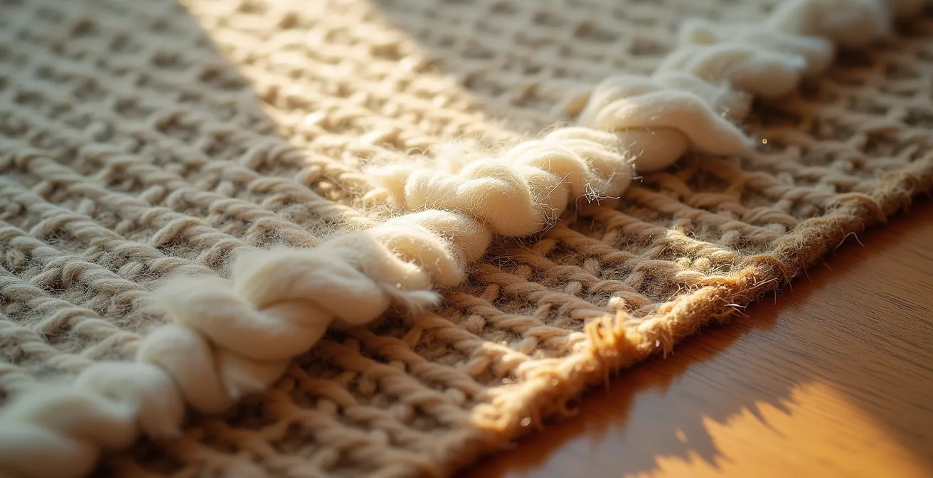 Close-up macro shot showing contrasting textures of jute and wool fibers in layered rug arrangement