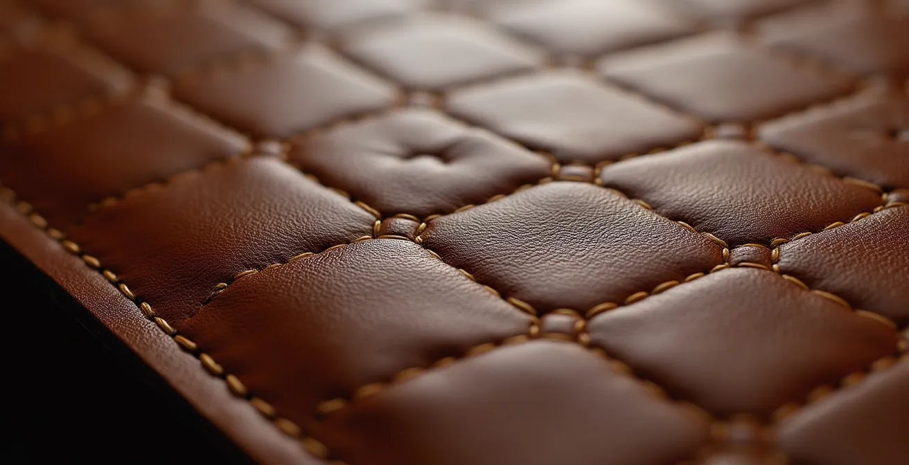 An extreme macro close-up photo showing the perfect, even stitching on a luxury leather handbag, highlighting the craftsmanship for authentication purposes.