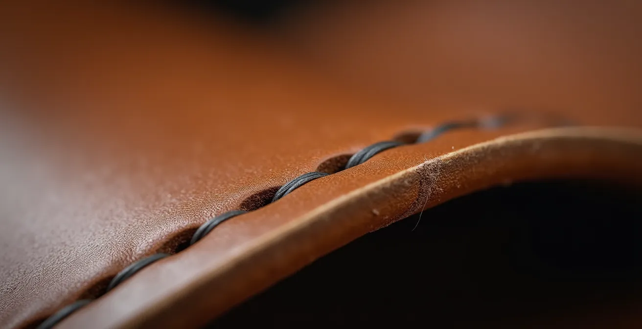 Extreme close-up of hand-stitched leather showing authentic saddle stitch technique