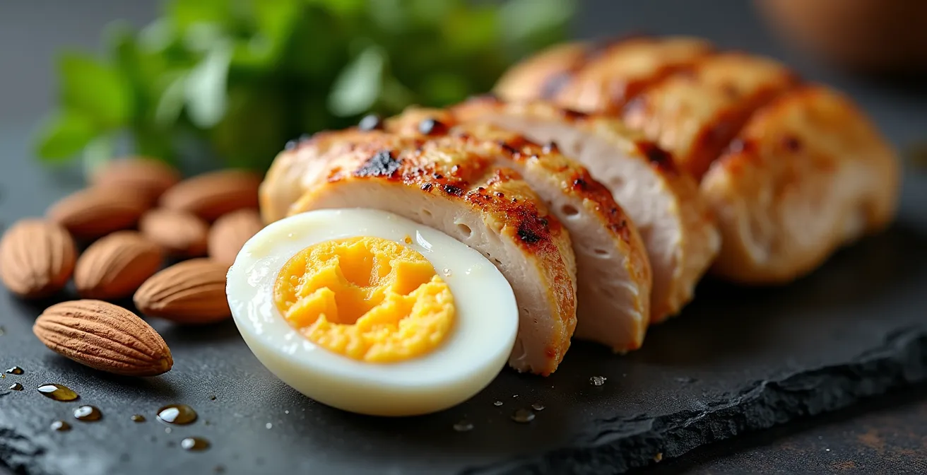 Extreme close-up of protein-rich meal prep ingredients showing texture and detail