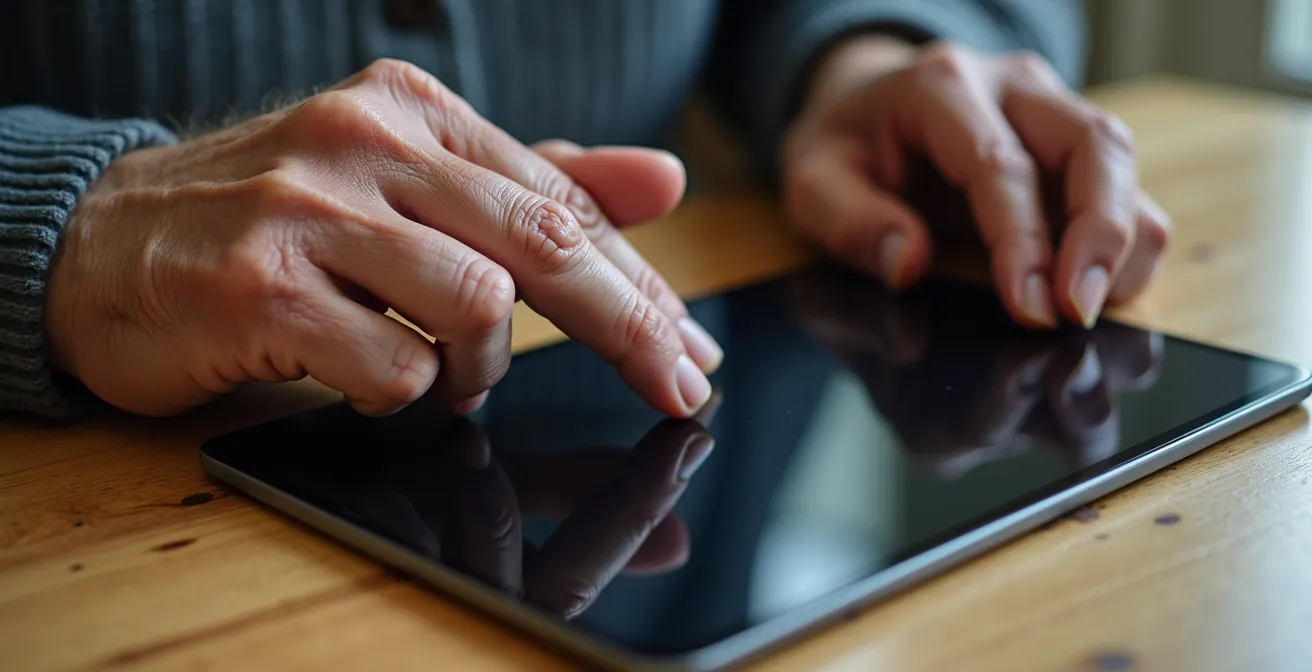 Close-up of senior's hands adjusting large text settings on tablet