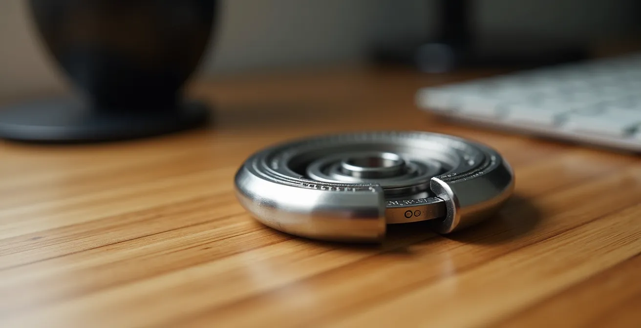 Extreme close-up of metallic fidget spinner on clean wooden surface