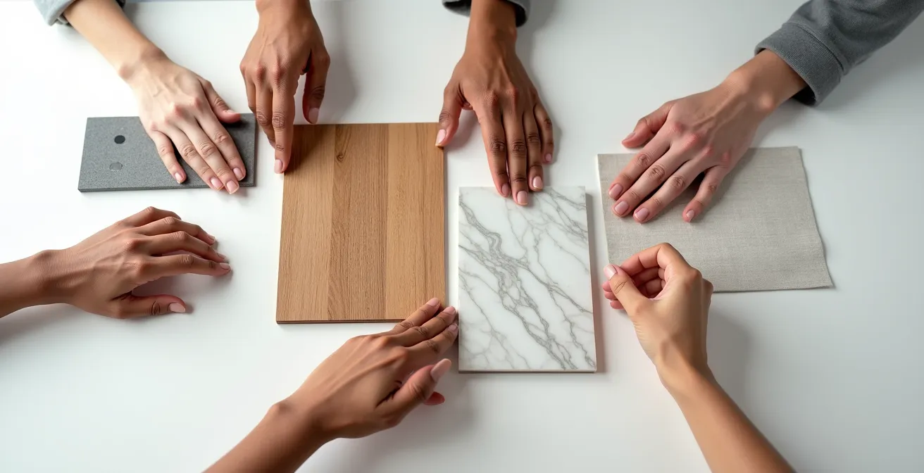 Hands arranging flooring, cabinet, and countertop samples in natural daylight on a white surface