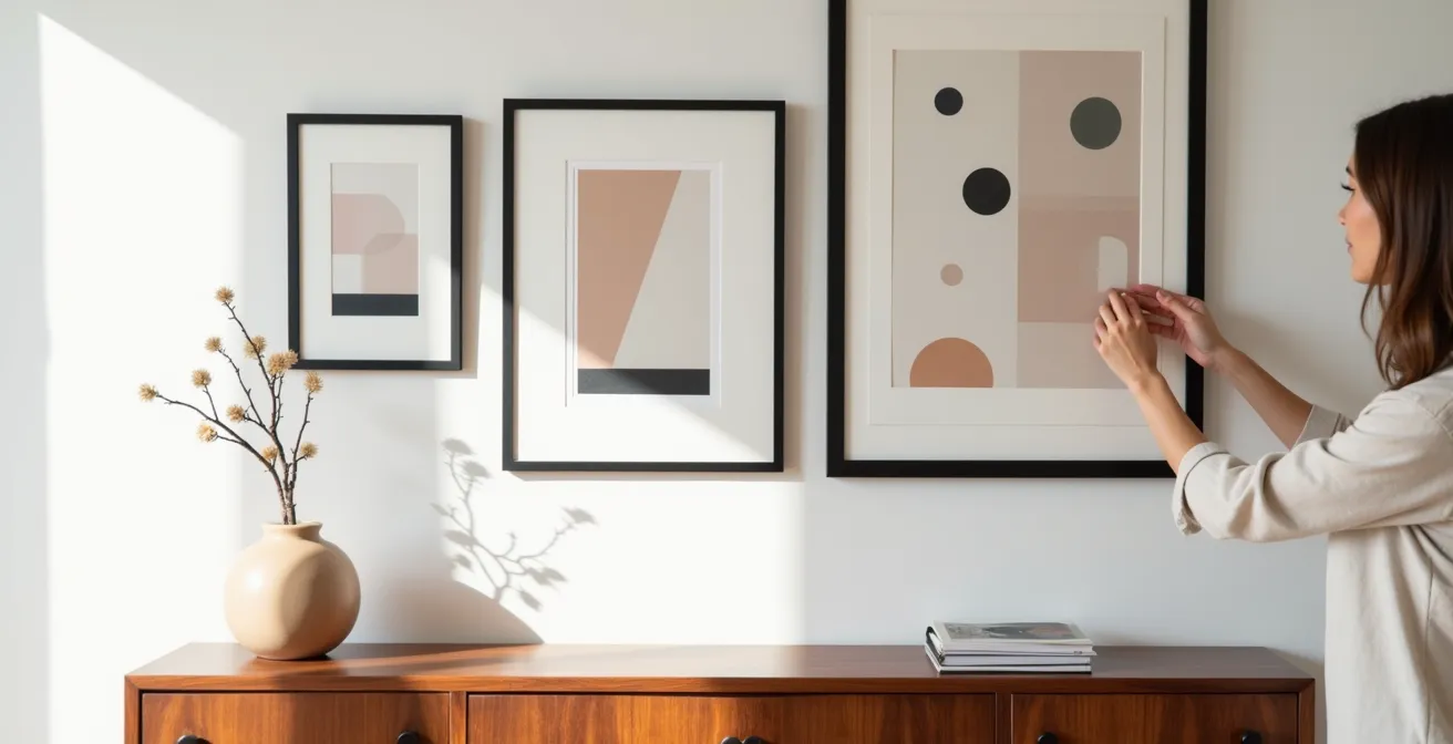 Minimalist gallery wall with asymmetric arrangement above mid-century credenza