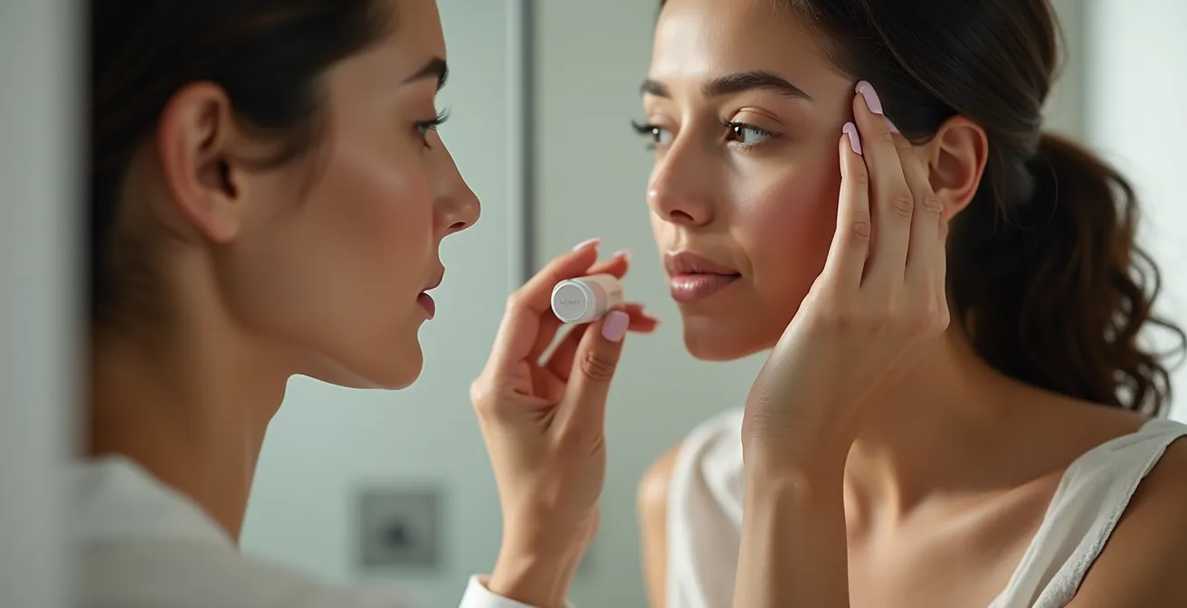 Woman applying mineral SPF stick around orbital bone with gentle upward strokes