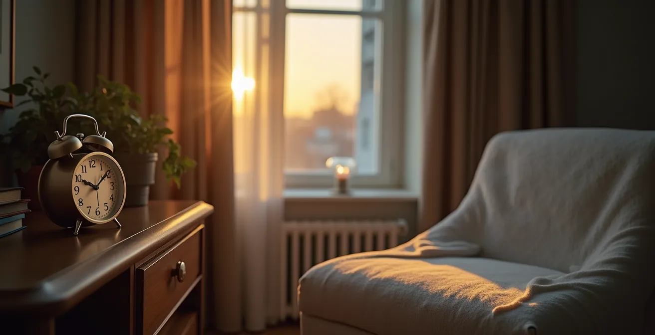 Clutter-free bedroom corner with an analog alarm clock and a reading chair