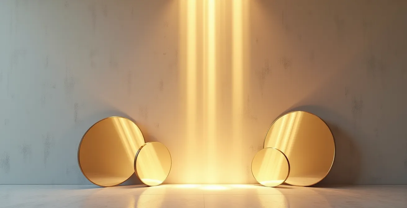 Architectural diagram showing strategic mirror placement angles to direct light into room corners