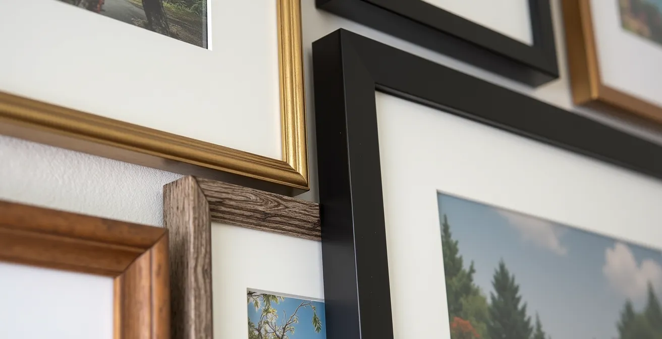Close-up detail of various frame textures and finishes arranged on a white wall