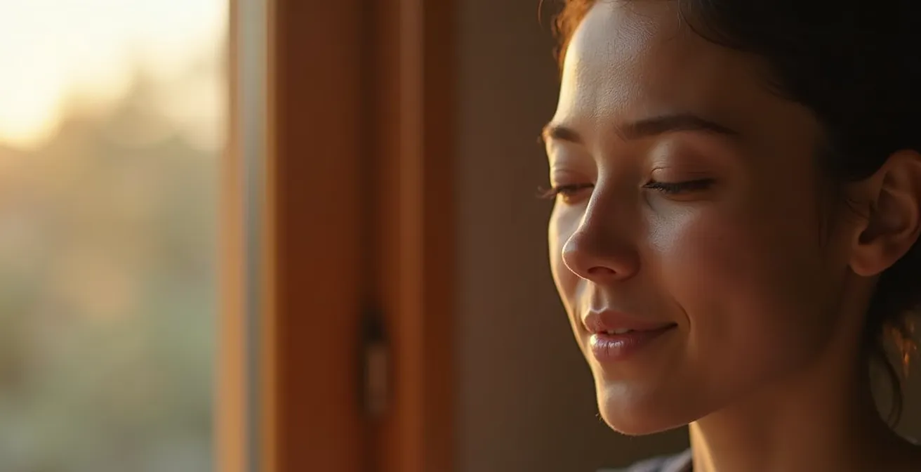 Person practicing deep breathing exercises near window with morning sunlight