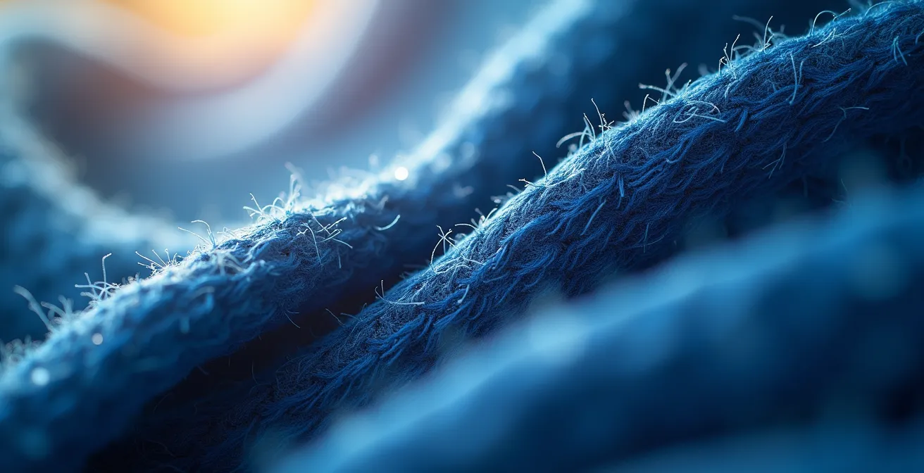 Macro close-up showing indigo textile fibers with dramatic light and shadow demonstrating UV damage