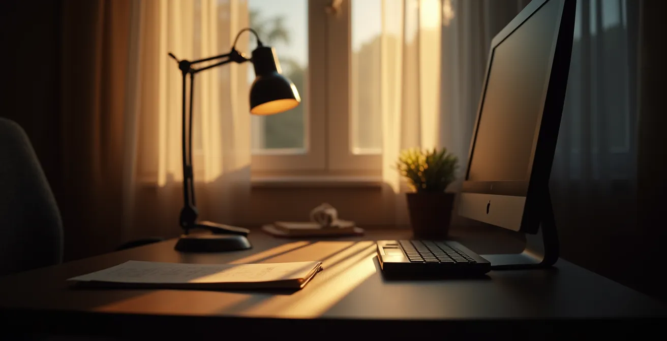 Desk setup showing proper lighting arrangement to minimize screen glare