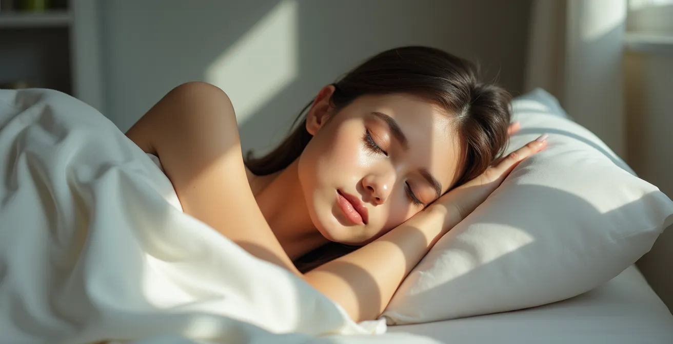 Peaceful woman sleeping with dewy, protected skin