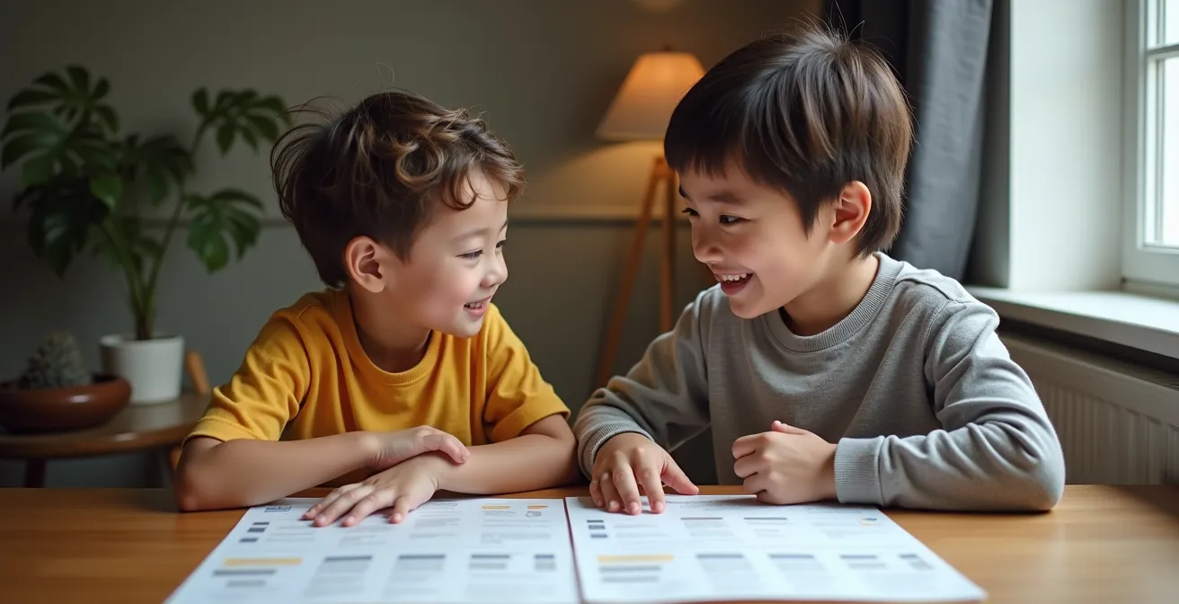 Parent and child reviewing digital rules together at table