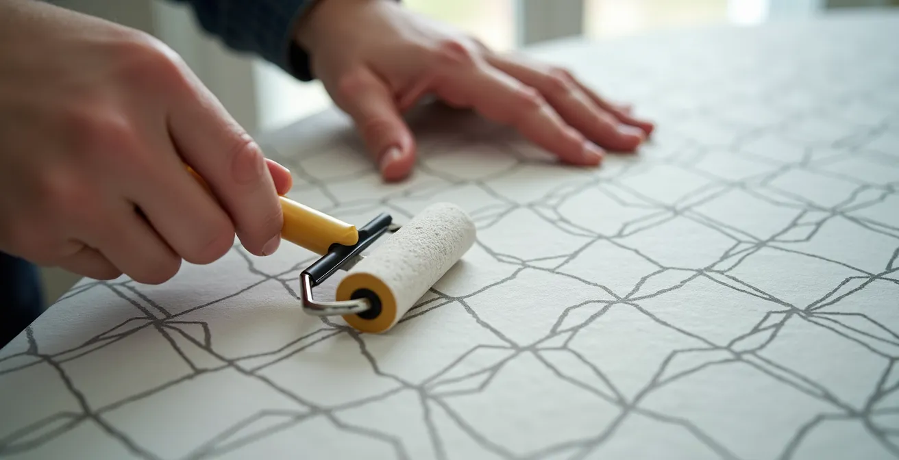 Close-up hands applying patterned wallpaper to a rental apartment wall