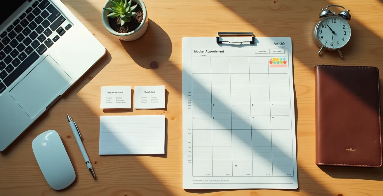 An organized health tracking workspace with medical documents and a calendar, symbolizing a proactive approach.