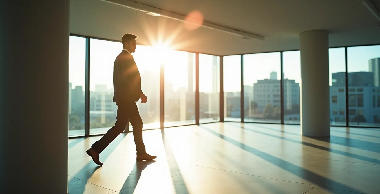 An office worker walking through a brightly lit, modern office corridor after lunch, symbolizing an energy boost.