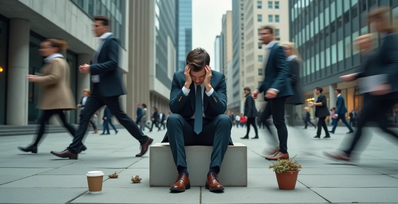 Young professional sitting alone on city bench during lunch break showing signs of exhaustion