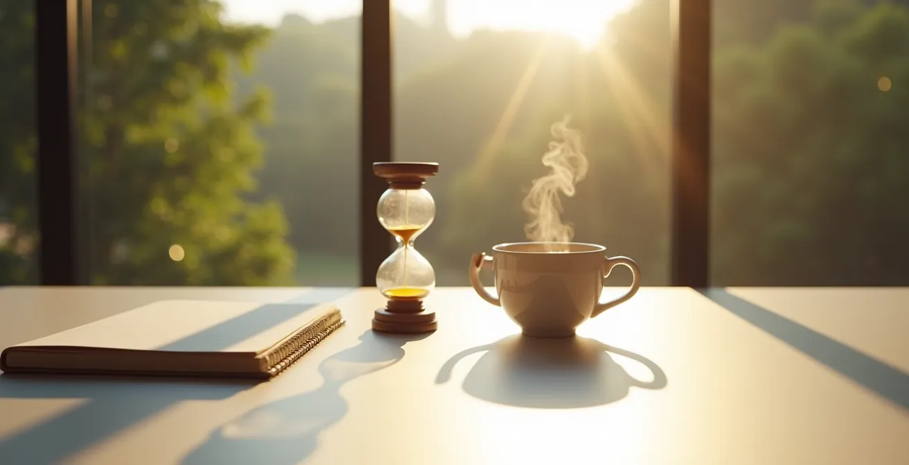 Clean workspace with visual timer and sunlight streaming through window