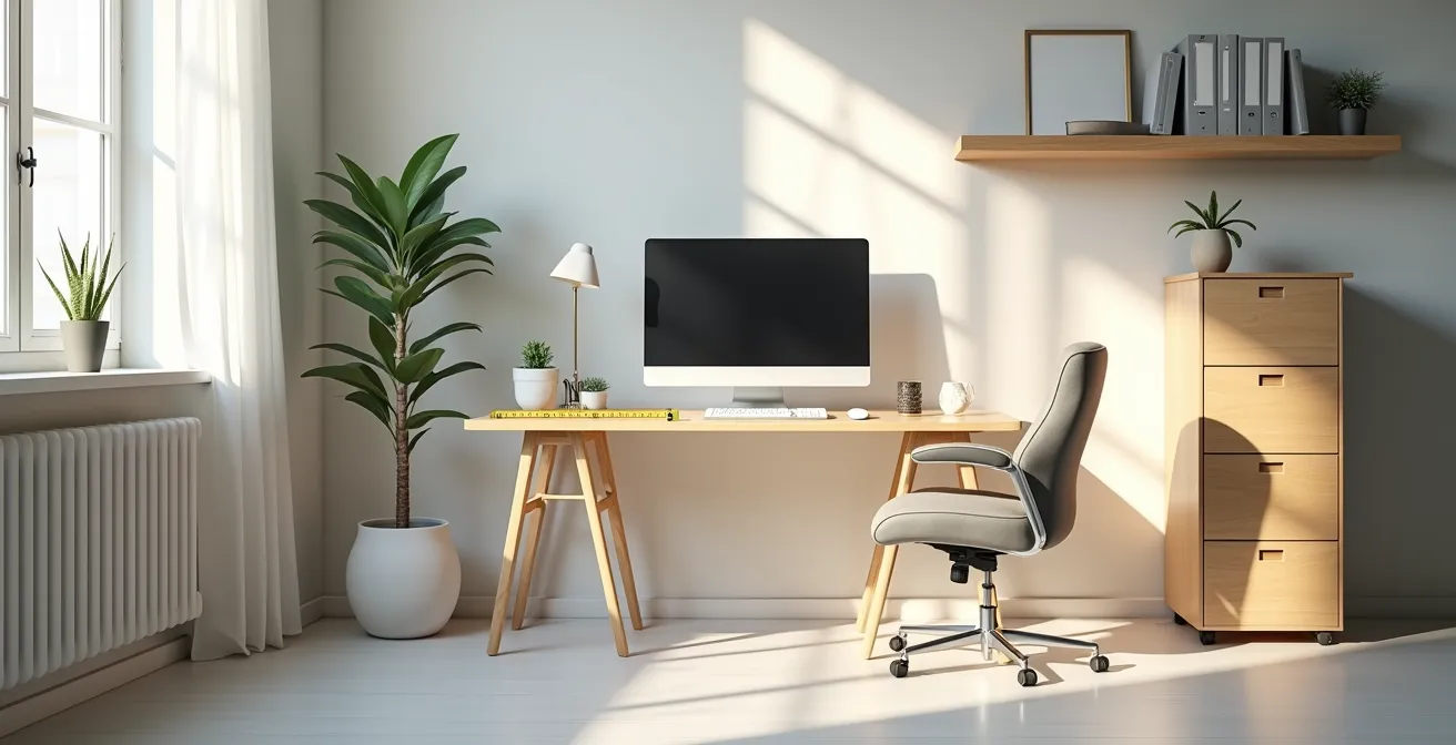 Organized home office space showing proper documentation and measurement tools